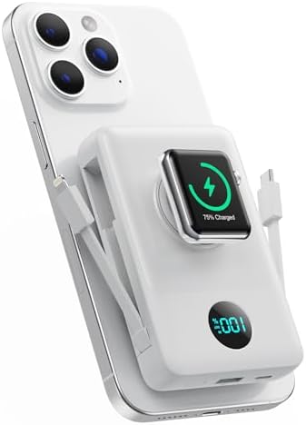 Ultimate 6-in-1 Magnetic Portable Charger, 10800 m Ah Power Bank for i Phone – Features Integrated Cables, Wireless Charging for Apple Watch, Smart LCD Display, and 25 W PD Fast Charging – Perfect Travel Accessory for All Devices with Enhanced Safety Features and Compatibility for i Phone 12 to 16 Series