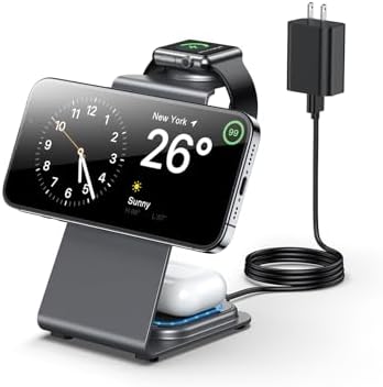 Revolutionary 3-in-1 Magnetic Fast Wireless Charging Station for Apple Devices – Seamless Charging for i Phone 16/15/14/13/12 Pro Max, i Watch 9/8/7/6/5/4/Ultra/SE, and Air Pods Pro/4/3 – Ideal Gift for Tech Enthusiasts – Sleek Design with Enhanced Compatibility and Space-Saving Efficiency