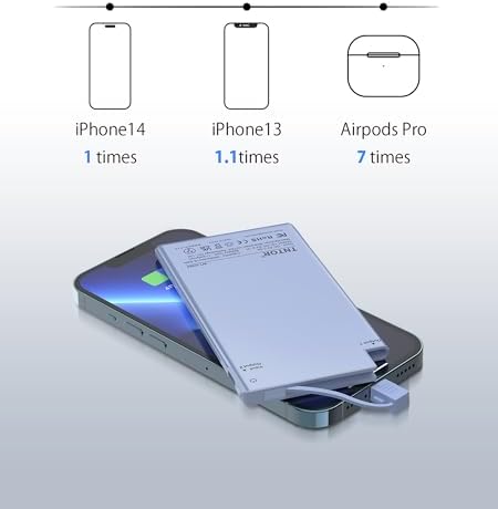 TNTOR Ultra-Thin 5000 m Ah Portable Charger with Built-in Lightning Cable – Lightweight Power Bank for i Phone 14/13/12/11/X/8 – Essential Travel Companion for Fast Charging and Enhanced Device Compatibility