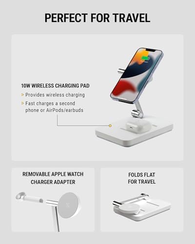 Scosche MSQFG2 N1 WT Magic Mount Travel 2-in-1 Magnetic Wireless Charging Station – Sleek Fast Charger for i Phone 12/13/14/15/16 Pro Max & Air Pods, Compact Foldable Design for Ultimate Portability and Enhanced Mag Safe Compatibility, White