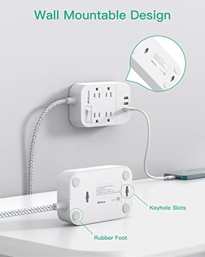 Versatile 10 Ft Braided Power Strip with Flat Plug – 4 Outlets & 3 USB Charging Ports for Effortless Device Management, Overload Protection, and Space-Saving Wall Mount Design for Home and Office Use