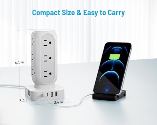 Revolutionize Your Charging Setup with the Flat Plug Power Strip Tower – 10 FT Extension Cord, 40 W Fast Charging Station Featuring 12 AC Outlets and 8 USB Ports (4 USB-C) for Ultimate Device Connectivity and Safety in Home, Office, or Dorm Room