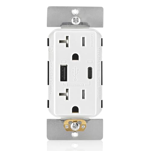 Leviton 60 W In-Wall USB Charger with Dual Type A/Type-C Ports and 20 A Tamper-Resistant Outlet – Fast Charging for Smartphones, Tablets, and Laptops – Modern Light Almond Finish, Ideal for Home and Office Efficiency – Safe, Stylish Power Solution for Tech Enthusiasts