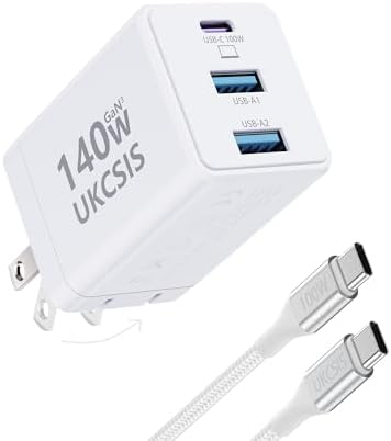 Ultra-Compact 140 W Ga N USB-C Fast Charger – Triple-Port Power Hub for Rapid Charging of Mac Book Pro, i Pad Pro, Galaxy, and i Phone – Foldable Travel Design with 4 ft Cable for Effortless Portability and Efficient Power Solutions