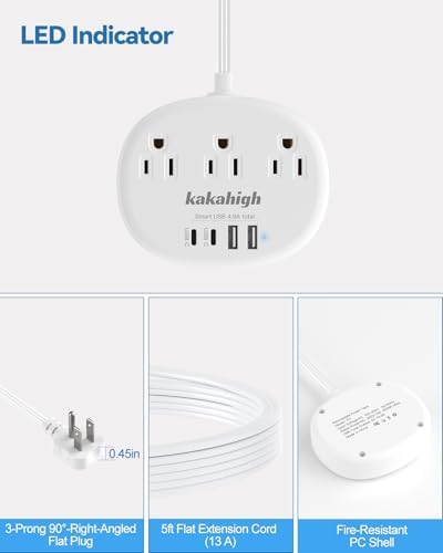 Stylish Brown Extension Cord with 1080 J Surge Protection – 5 FT Flat Braided Design Featuring 3 AC Outlets & 4 USB Ports (24 W/4.8 A) for Fast Charging – Ideal Tan Desk Accessory for Powering Devices Safely & Efficiently