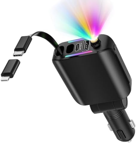 Transform Your Charging Routine with the 4-in-1 Retractable Car Charger Featuring Starlight Glow – 120 W USB-C Fast Charger Compatible with i Phone 16/15/14/13/12/11 and Android Devices, Tangle-Free Design for Effortless Use, Perfect Valentine’s Gift for Him or Her in Sleek Dark Grey