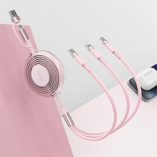Revolutionary 5-in-1 Retractable Charging Cable – USB C, Lightning & Micro Compatibility with 100 W PD Fast Charging for i Phone 15/14/13/12, Samsung S23, i Pad Pro & Mac Book – Compact & Durable Design for Effortless On-the-Go Power Solutions