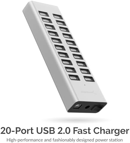 SABRENT 90 W 20-Port USB 2.0 Fast Charging Hub – Ultimate Multi-Device Power Station with UL Certified 12 V Adapter for Quick and Efficient Charging of Smartphones, Tablets, and More – Compact Design for Home and Office Use