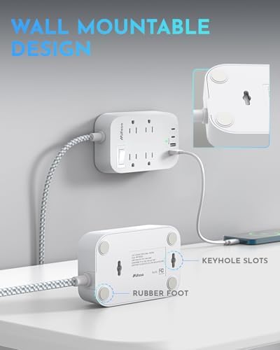 Versatile 10 Ft Braided Power Strip with Flat Plug – 4 Outlets & 3 USB Charging Ports for Effortless Device Management, Overload Protection, and Space-Saving Wall Mount Design for Home and Office Use