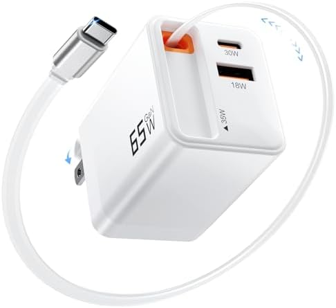 Advanced 65 W Retractable USB-C Charger with Foldable Plug – High-Efficiency Fast Charging Block Featuring PD30 W & QC18 W for i Phone, Galaxy, LG, Pixel, Tablets – Compact, Travel-Friendly Design for Ultimate Convenience and Optimal Power Delivery