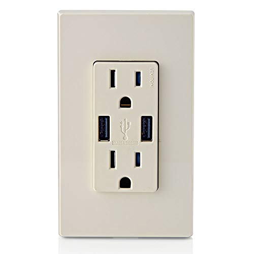 Leviton 60 W Dual USB Type A/Type-C In-Wall Charger – Fast, Efficient Power Delivery Solution for Smartphones, Tablets & Laptops – Tamper-Resistant Outlet in Light Almond for Safe, Clutter-Free Charging Experience – Perfect for Home and Office Use