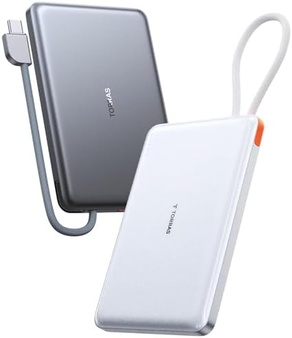 Ultra-Slim TORRAS 10,000 m Ah Power Bank with Built-in USB-C Cable – Lightweight Portable Charger for i Phone 16/15 & Samsung S24 Ultra, 22.5 W Fast Charging, Durable Design for Travel and Outdoor Use – Glacier Grey, Enhanced Safety & Dual Device Charging