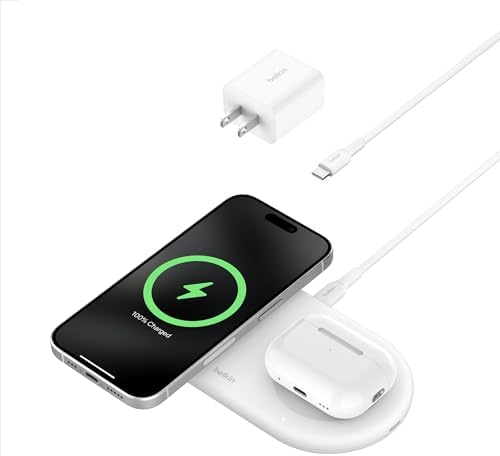 Belkin 15 W Mag Safe-Compatible 2-in-1 Wireless Charging Station – Fast Dual Device Charger for i Phone 16, 15, 14, 13 Series & Air Pods – Sleek Sand Design for Effortless Portability and Seamless Power Solutions