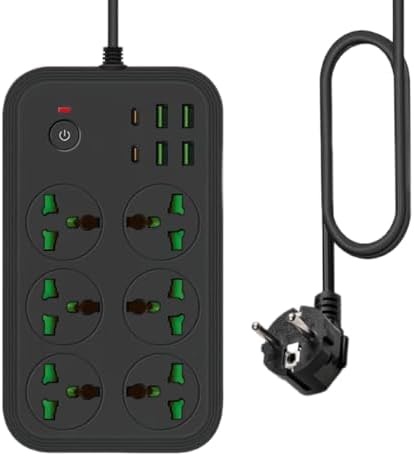 Universal 12-in-1 Power Strip with USB C – All-in-One Travel Extension Cord Featuring 6 Extra-Wide Outlets and 4 Fast-Charging USB Ports, 110-240 V, Max 3000 W, Wall-Mountable Surge Protector for European Journeys and Home Use – Effortless Device Management and Enhanced Safety