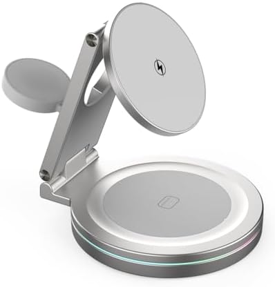 Revolutionary 3-in-1 Foldable Magnetic Wireless Charging Station for i Phone, Apple Watch & Air Pods – 15 W Fast Charge, 360º Rotatable Zinc Alloy Design – Portable Power Hub with Adapter for Seamless Compatibility and Superior Durability in Gray