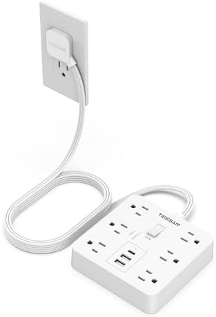 TESSAN 6-Outlet Black Surge Protector Power Strip with 3 USB Ports (1 USB-C) – 5 FT Flat Plug Extension Cord, 1700 Joules Surge Protection for Safe Charging in Home, Office & College Dorm – Compact and Versatile Multi-Device Charging Station