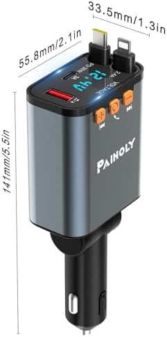 Paiholy 66 W 4-in-1 Retractable Car Charger – Dual USB Fast Charging Station with Dual i Phone Cables for i Phone 14/13/12/11 Pro Max/XS MAX and i Pad – Real-Time Voltage Display, Compact Design for Effortless Travel Convenience