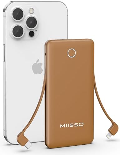miisso 10000 m Ah Ultra-Slim Portable Power Bank with Integrated Charging Cables – Multi-Device USB-C Travel Charger for i Phone & Samsung – Compact, Lightweight Battery Pack Designed for Maximum Portability and Efficiency