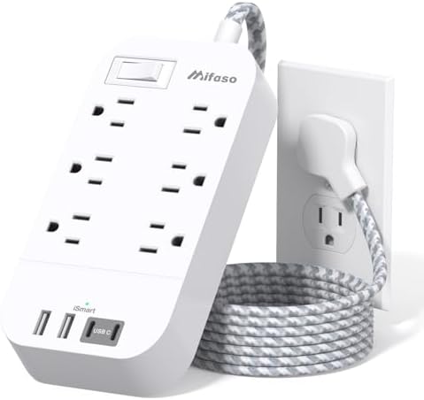10 FT Flat Plug Power Strip with 6 Outlets and 4 USB Ports – Overload Protection Surge Protector for Home & Office – Versatile Wall Mount Desktop Charging Station for Efficient Power Management and Fast Device Charging