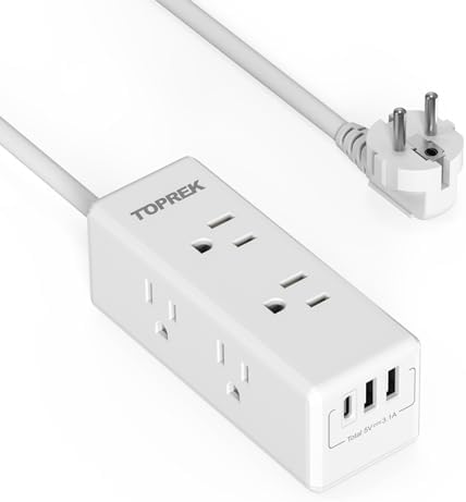 Universal European Travel Plug Adapter with USB-C – TOPREK 9-in-1 Power Strip for US to Europe with 6 Outlets & 3 USB Ports, 3 FT Extension Cord for Seamless Charging in Germany, France, Spain, Greece, and More – Ideal for Hotel and Airport Use