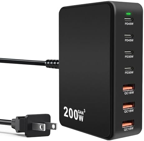200 W Ga N 7-Port USB Fast Charger Hub – High-Speed Multi-Device Power Adapter for Mac Book, i Phone 15/16, DELL, and i Pads – Compact Charging Station with Smart Charging Technology for Enhanced Compatibility and Efficiency