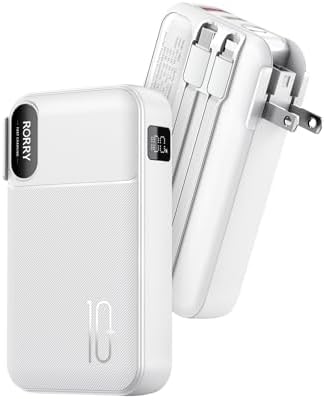 Portable Power Bank 10000 m Ah with Built-in Charging Cables & AC Wall Plug – 22.5 W Fast Charger for i Phone 16, Samsung Galaxy S24, Google Pixel – Ultimate Travel Essential for Effortless Multi-Device Charging – Compact, High-Capacity Charger for On-the-Go Power