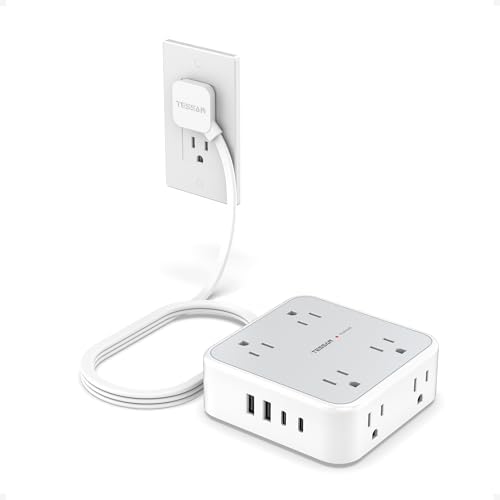 TESSAN 5 FT Surge Protector Power Strip with 8 AC Outlets & 4 USB Ports (2 USB-C) – Ultimate Wall Mount Charging Station for Home, Office, and Dorm with 900 Joules Protection, Space-Saving Flat Plug Design for Enhanced Device Compatibility and Fast Charging
