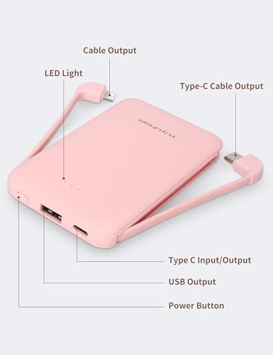 Ultra-Slim 5000 m Ah Power Bank with Built-In USB-C Cables – Dual Charging External Battery Pack for i Phone & Android – Lightweight Travel Companion in Black & Pink – Effortless Portability and Enhanced Device Compatibility