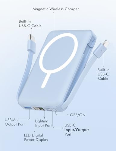Magnetic Power Bank for i Phone – 10000 m Ah Portable Battery Pack with Dual USB-C Cables, 22.5 W PD Fast Charging, LED Display, and Enhanced Magnetic Attachment for i Phone 16/15/14/13/12 Series – Lightweight Design for On-the-Go Charging and Superior Safety Features