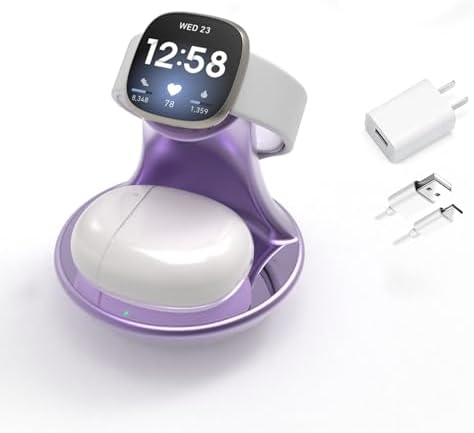 Revolutionize Your Charging Routine with the i Morde Multi-Device Dock: Stylish Purple Fast Charging Station for Fitbit Sense, Versa Series & Earbuds – Ultimate Compatibility with Google Pixel Buds, Galaxy Buds, and Air Pods, Featuring Overcharge Protection for Safe, Efficient Power-ups – Ideal for Home & Travel Use