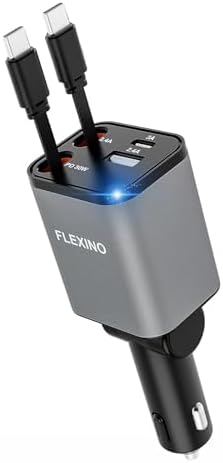 Premium Flexino Compact Retractable Car Charger for i Phone 16 – 69 W Fast Charging with Dual 2.6 ft USB C Cords | Efficient Power Adapter Compatible with i Phone 16/15/14/13/12 Series & Galaxy Devices | Sleek Grey Design for Ultimate Portability and Reduced Cable Clutter