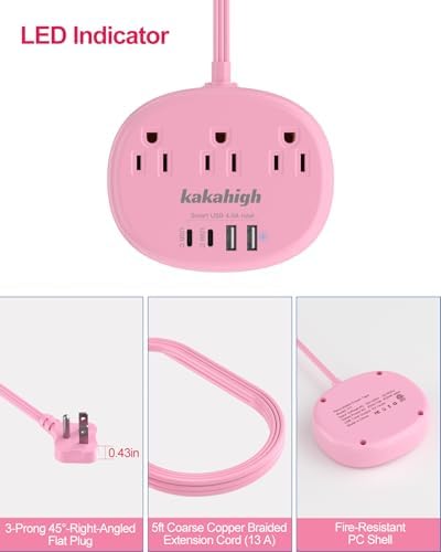 Stylish Brown Extension Cord with 1080 J Surge Protection – 5 FT Flat Braided Design Featuring 3 AC Outlets & 4 USB Ports (24 W/4.8 A) for Fast Charging – Ideal Tan Desk Accessory for Powering Devices Safely & Efficiently
