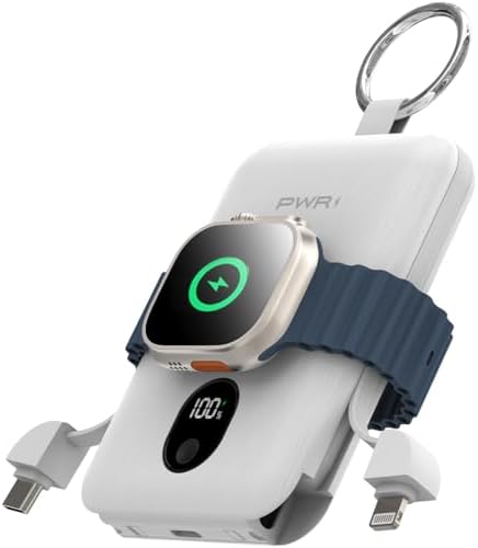 PWR Versa 4-in-1 Portable Charger for Apple Watch – 5000 m Ah Fast Charging Power Bank with Integrated Cables and Travel Keychain Attachment for i Phone and Air Pods – Ultimate On-the-Go Charging Solution