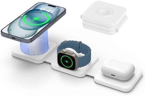 Joy Geek 3-in-1 Foldable Mag Safe Wireless Charging Station for i Phone 15/14/13/12 Pro Max Plus, Air Pods Pro/2/3 & Apple Watch 9-2/SE – Fast, Portable & Sleek Design for Ultimate Device Compatibility and Efficiency