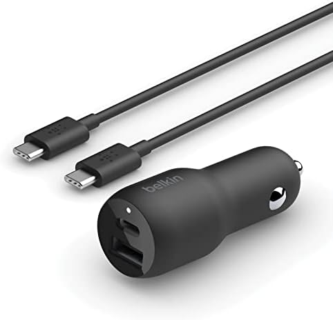 Belkin 37 W Dual Port Fast Car Charger with 3.3 ft USB-C Cable – High-Speed Charging for Galaxy S23, i Phone 14, and More – Compact Design with 25 W USB-C PPS & 12 W USB-A Ports – Perfect for Road Trips and Daily Commutes – Advanced Power Delivery for Speed & Efficiency