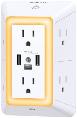 Maximize Your Charging Efficiency with the POWRUI 6-Outlet Extender & USB Wall Charger – Versatile Surge Protector with Dual 2.4 A USB Ports, Integrated Night Light, 3-Sided Design for Optimal Space Utilization, ETL Certified Safety, Ideal for Home and Office Use