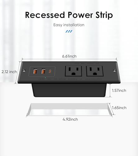 Flush-Mounted Recessed Power Strip with 20 W USB-C Fast Charging Ports – Ideal Desk Power Solution for Conference Rooms and Office Furniture, 10 FT Cord (ETL Listed) for Enhanced Safety and Performance