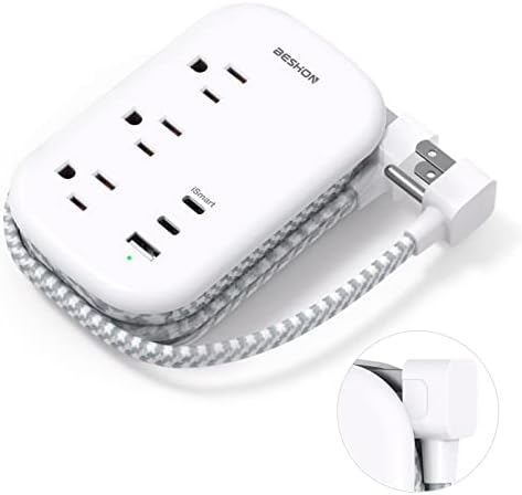 BESHON Ultra-Compact Flat Plug Power Strip with 3 AC Outlets and 3 USB Ports (2 USB-C) – Ideal Travel Charging Station for Dorm Rooms and Cruise Ships, 3.2 ft Tangle-Free Extension Cord for Enhanced Device Compatibility and Fast Charging Solutions