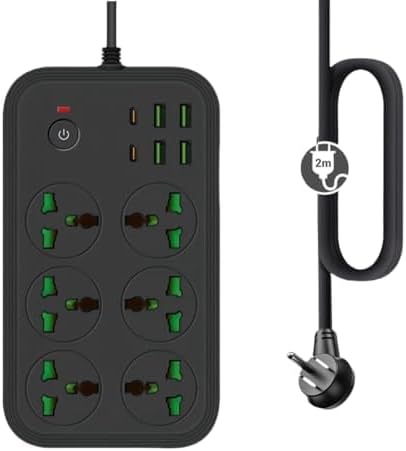 Universal 12-in-1 Power Strip with USB C – All-in-One Travel Extension Cord Featuring 6 Extra-Wide Outlets and 4 Fast-Charging USB Ports, 110-240 V, Max 3000 W, Wall-Mountable Surge Protector for European Journeys and Home Use – Effortless Device Management and Enhanced Safety
