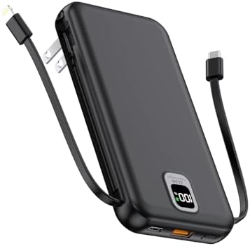 Ultra-Compact 10,000 m Ah Portable Charger with Integrated Cables & AC Plug – Fast Charging Power Bank for i Phone, Samsung, and Android Devices – QC 22.5 W & PD 20 W Travel Essential with Sleek Design for Maximum Convenience and Reliability