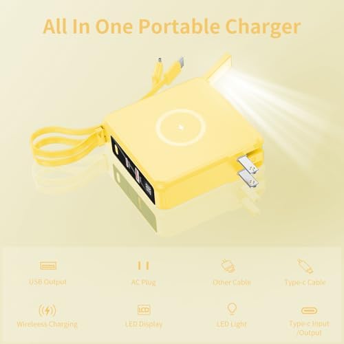 Ultimate 10,000 m Ah Portable Charger with Built-in Cables & AC Plug – PD 22.5 W Fast Wireless Power Bank for i Phone 16/15/14, Samsung S23/S22, Android Devices – Effortless Charging Anytime, Anywhere