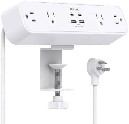 Maximize Your Workspace Efficiency with the PD30 W Desk Clamp Power Strip – Versatile Desktop Surge Protector Featuring 4 AC Outlets & 4 USB Ports (Including 2 USB-C) for Rapid Charging, 5 Ft Extension Cord, and Reliable Overload Protection – Essential Home Office Accessory for Streamlined Power Management