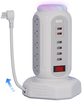 Maximize Your Power Potential with the 15-Outlet Surge Protector Tower Featuring 6 Fast-Charging USB Ports and LED Night Light – Retractable Heavy-Duty Extension Cord with Right Flat Plug for Effortless Accessibility and Enhanced Device Compatibility – Ideal Charging Station for Home and Office Use