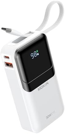 MOKi N 10,000 m Ah Ultra-Fast Portable Charger with Built-in Cables & Smart Digital Display – 30 W PD Power Bank for i Phone 16/15/14/13, Samsung Galaxy S23/S22/S21, Google Pixel – Compact Travel-Friendly Battery Pack with Safety Features & Multiple Charging Ports – Lightweight & Airline-Approved for On-the-Go Convenience