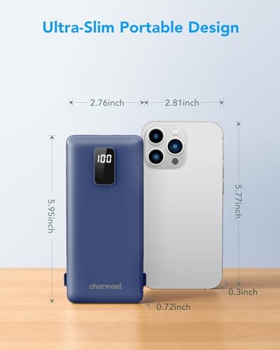 Charmast 10,000 m Ah Slim Power Bank with Integrated Cables & Fast Charging for i Phone and Samsung – Ultimate Travel Companion for On-the-Go Charging Needs with Built-in Convenience and Enhanced Device Compatibility