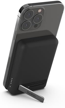 Belkin Wireless Power Bank 5000 m Ah with Mag Safe Compatibility – Portable Charger for i Phone 16 Series, i Phone 15, and Air Pods – 7.5 W Fast Charging with Built-in Kickstand for Hands-Free Use – Lightweight White Design for On-the-Go Charging Solutions