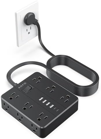 Maximize Your Charging Potential with AOFO 5 Ft Flat Plug Power Strip: 12 Outlet Surge Protector & 6 USB Ports (4 USB-A, 2 USB-C) for Home, Office, and Dorm Use – Reliable, Safe, and Space-Saving Design for All Your Devices