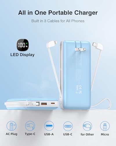 Ultra-Slim 10000 m Ah Fast Charging Power Bank with Built-In Cables & AC Plug – Versatile 5 Output USB-C Portable Charger for i Phones, Samsung, Android & More – Perfect for Travel & On-the-Go Power Solutions