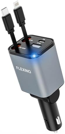 Premium Flexino Compact Retractable Car Charger for i Phone 16 – 69 W Fast Charging with Dual 2.6 ft USB C Cords | Efficient Power Adapter Compatible with i Phone 16/15/14/13/12 Series & Galaxy Devices | Sleek Grey Design for Ultimate Portability and Reduced Cable Clutter