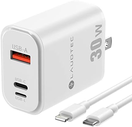 LAUDTEC 30 W Rapid Charge Block – Versatile 3-Port USB-C & QC Wall Charger for Fast Charging i OS & Android Devices – Compact Power Adapter with Enhanced Safety Features for Home, Office, and Travel Use